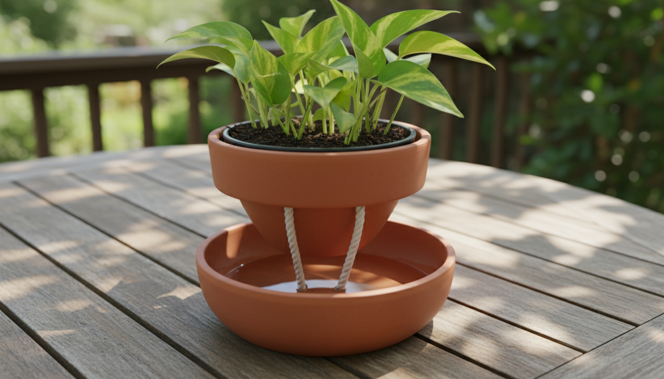 Severely overwatered basil plant in a terracotta pot on a balcony table, with yellowing, wilted leaves and saturated, dark soil.