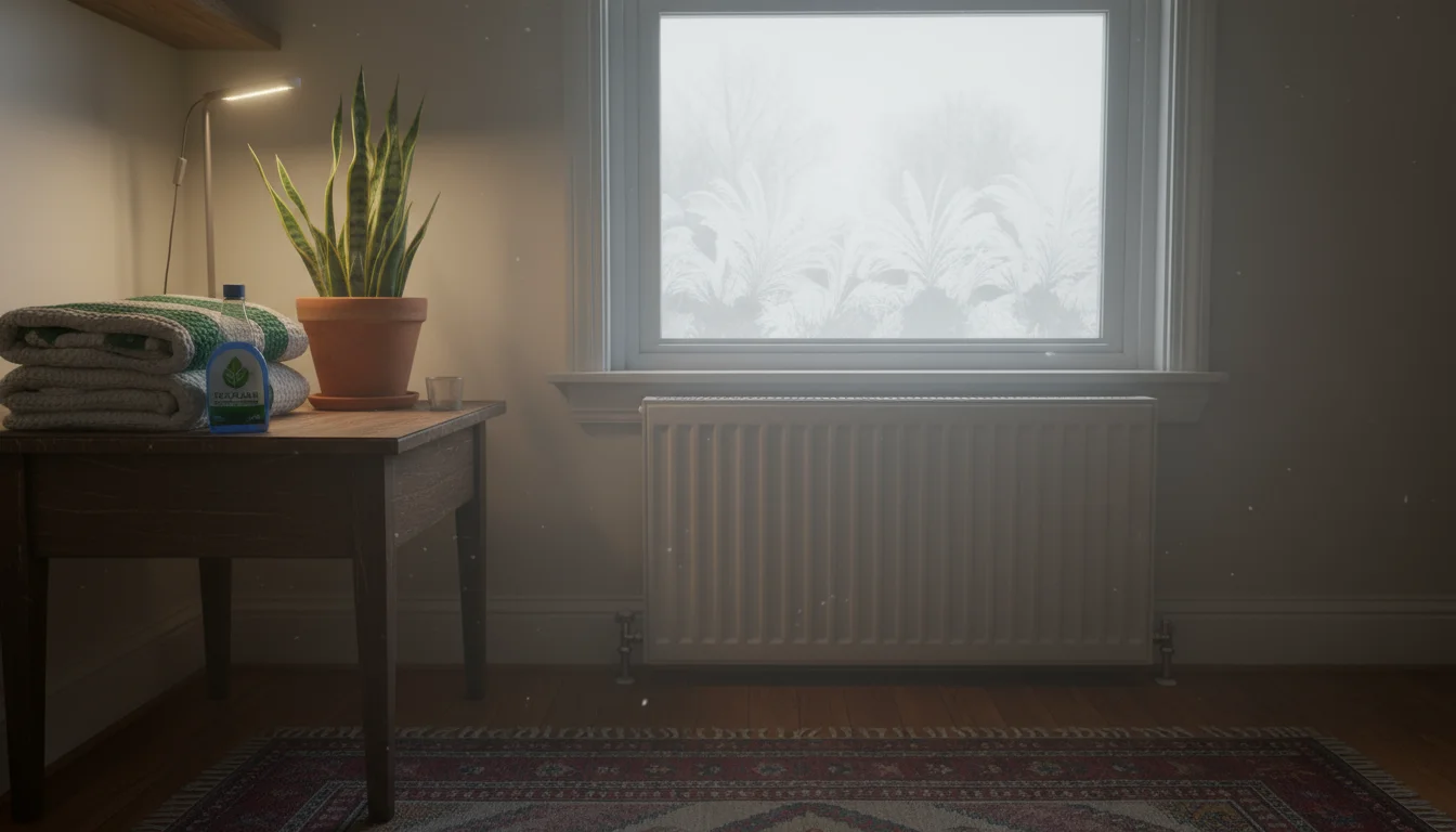 A small snake plant in a terracotta pot sits on a wooden table next to a closed, frosted window with a modern radiator below.