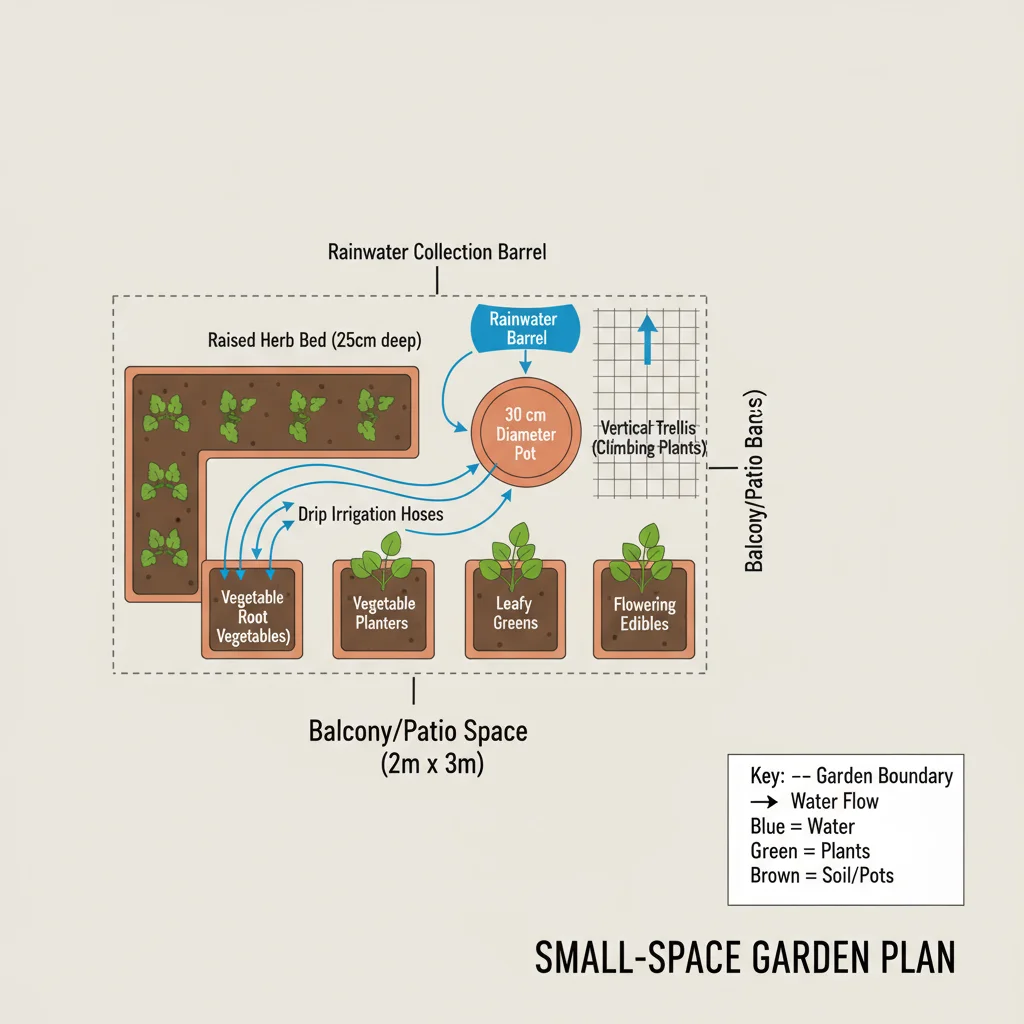 Small-space garden diagram: 30cm pot, soil, plant, water flow arrows, emphasizing planning for efficient use of every square inch.