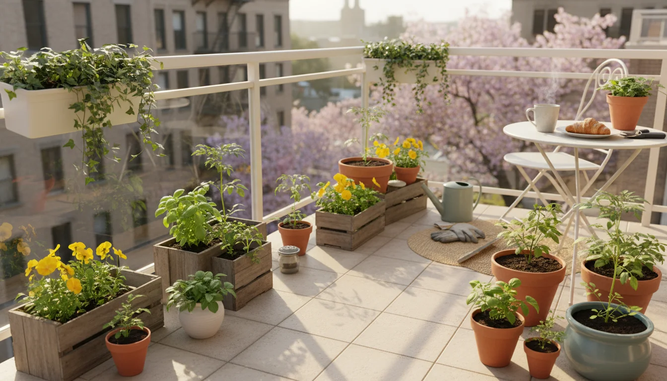 Small spring plant starts like pansies, basil, and a tomato seedling in nursery pots, neatly arranged on a clean urban balcony floor.
