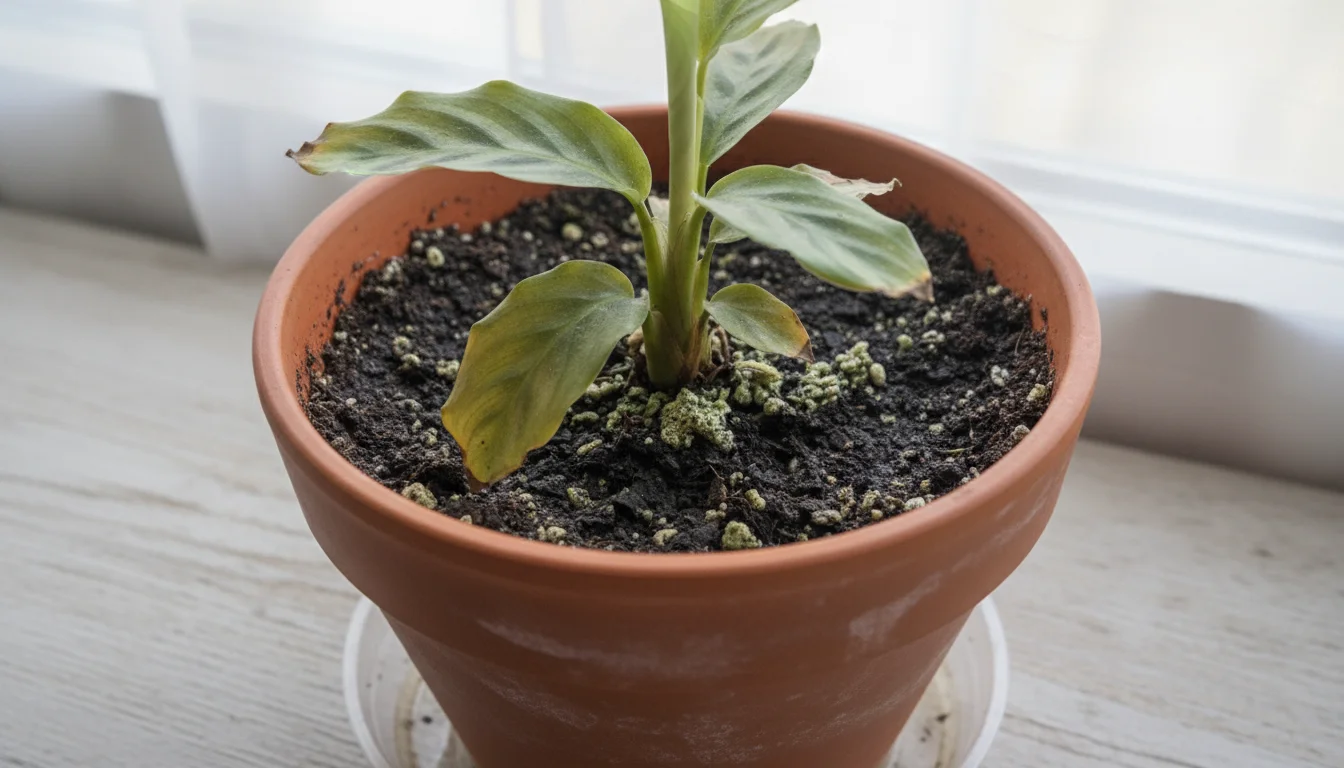 A small, struggling tropical plant in a terracotta pot with yellowing, slightly curled leaves and dense, damp soil.