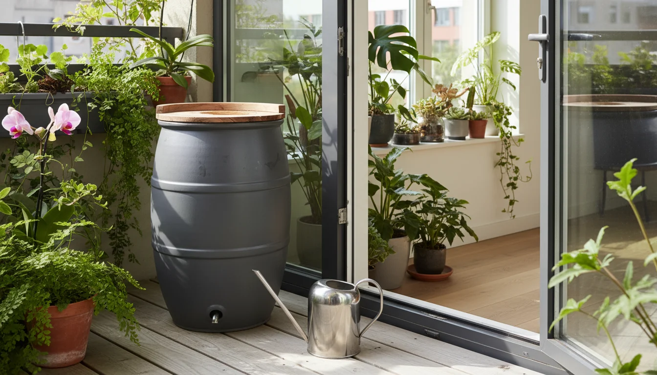 A small, stylish rain barrel on an urban balcony, full of rainwater, with a watering can. Indoor houseplants are visible through an open door.