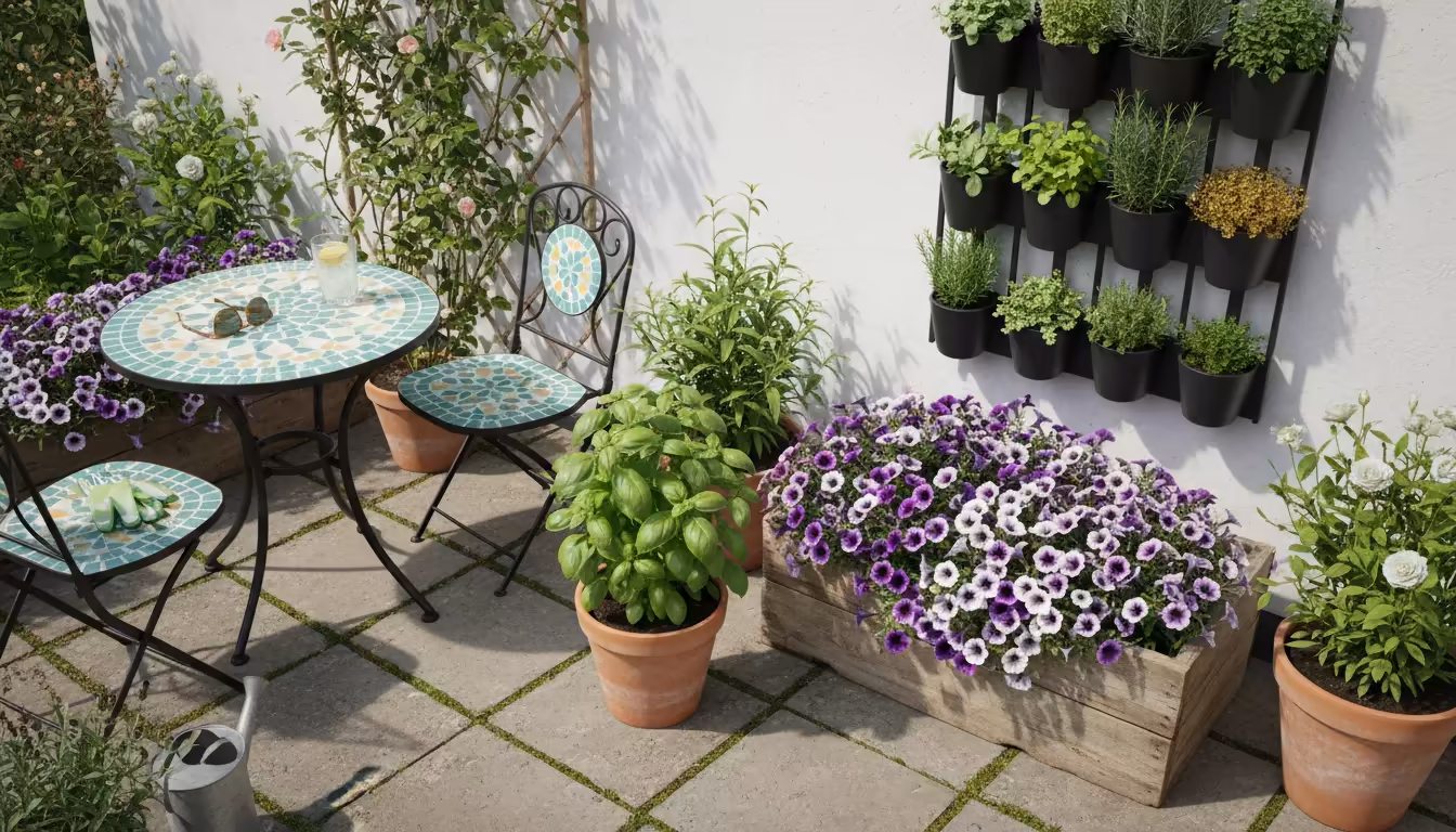 Overhead view of a small, sunlit patio garden with diverse container plants: basil in terracotta, petunias in a wooden balcony box, strawberries in a