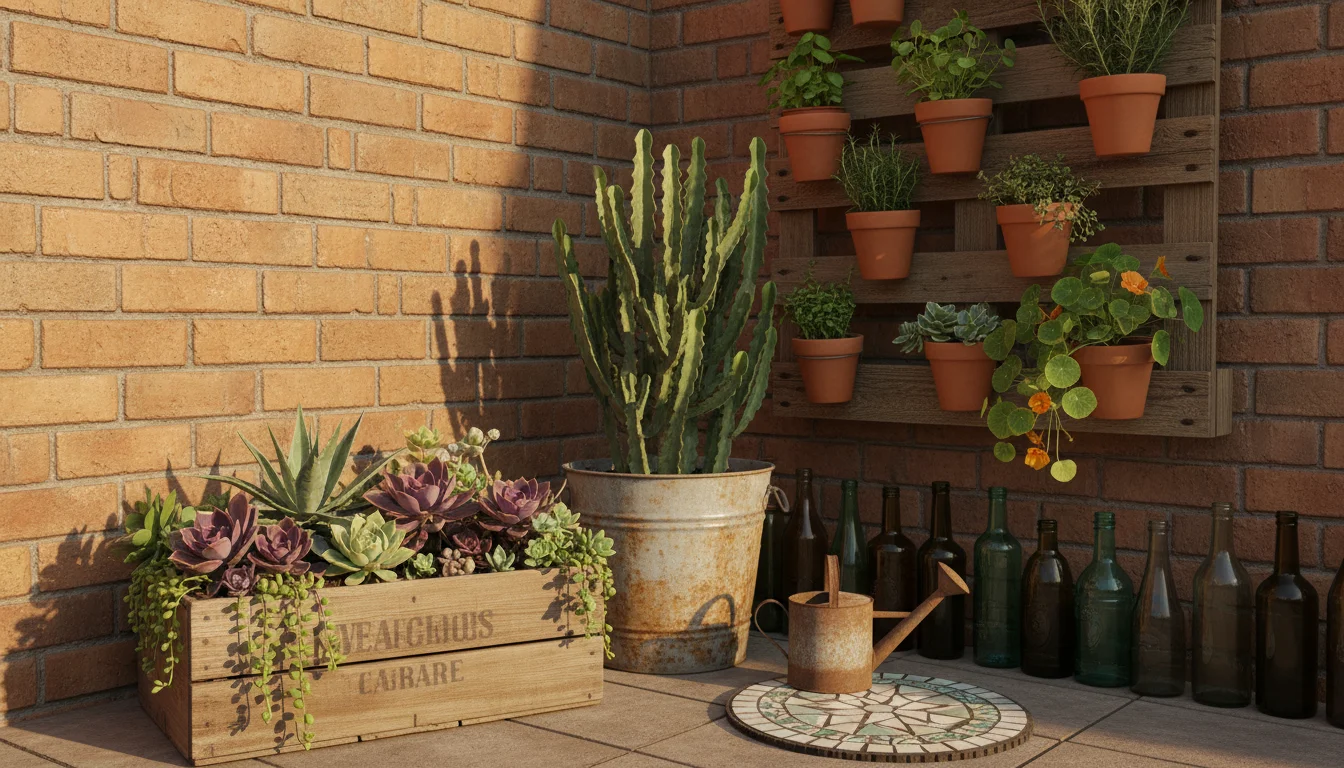 A small, sunlit patio garden featuring various upcycled containers like a wooden crate, painted metal bucket, and tin cans on a pallet vertical garden