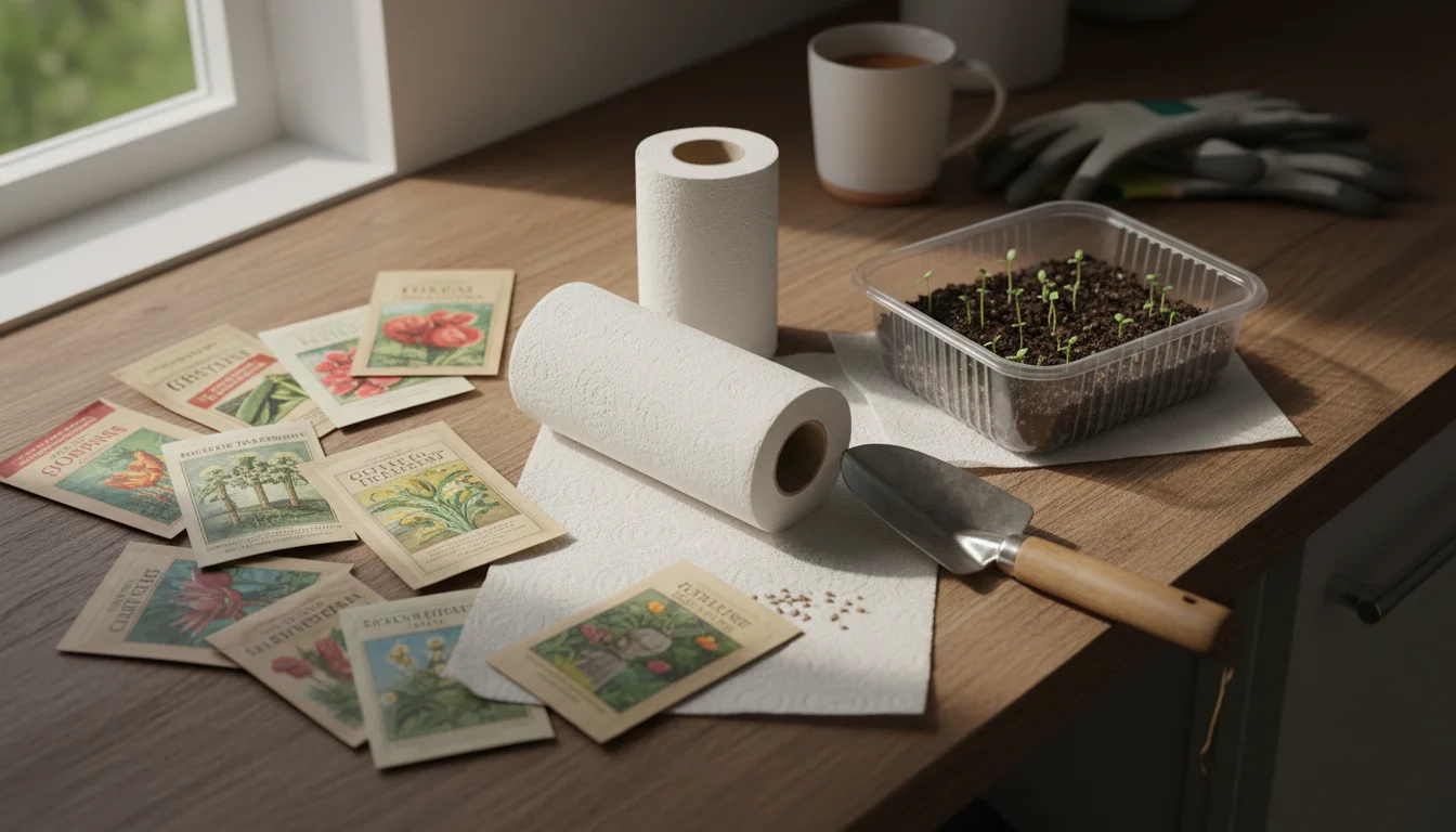A small table displays seed packets, paper towels, a spray bottle, plastic bags, and a marker for a seed viability test.
