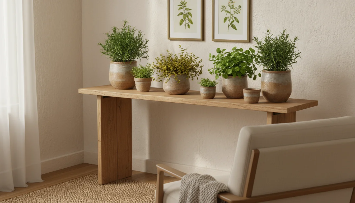 Small terracotta and ceramic pots hold thriving herbs and edible flowers on a narrow wooden console table. A silver cocktail jigger sits by mint.