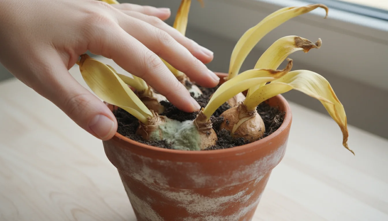 Small terracotta pot with forced tulip bulbs, some showing yellowing leaves or mold, a hand gently touching the soil.