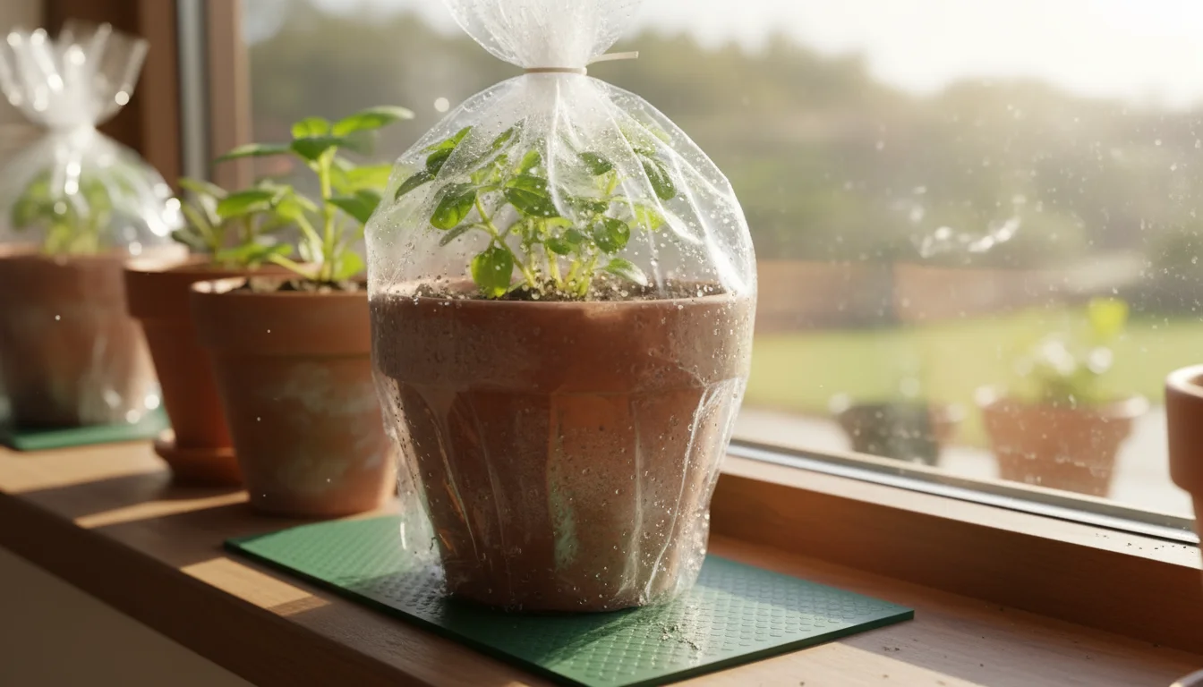 A small terracotta pot with green plant cuttings, covered by a clear plastic bag with condensation, sitting on a dark green heat mat on a windowsill.