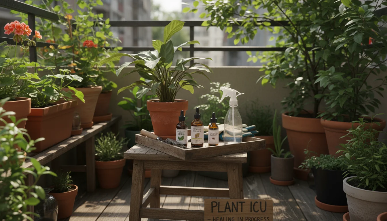 A small terracotta pot with a plant in a balcony 'plant hospital' setup, with bottles of organic pest control products beside it.