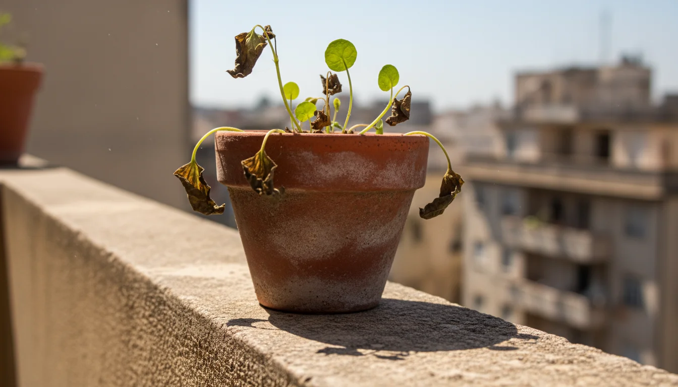 A small terracotta pot on a sunny concrete balcony railing holds a basil plant with several brown, scorched leaves.