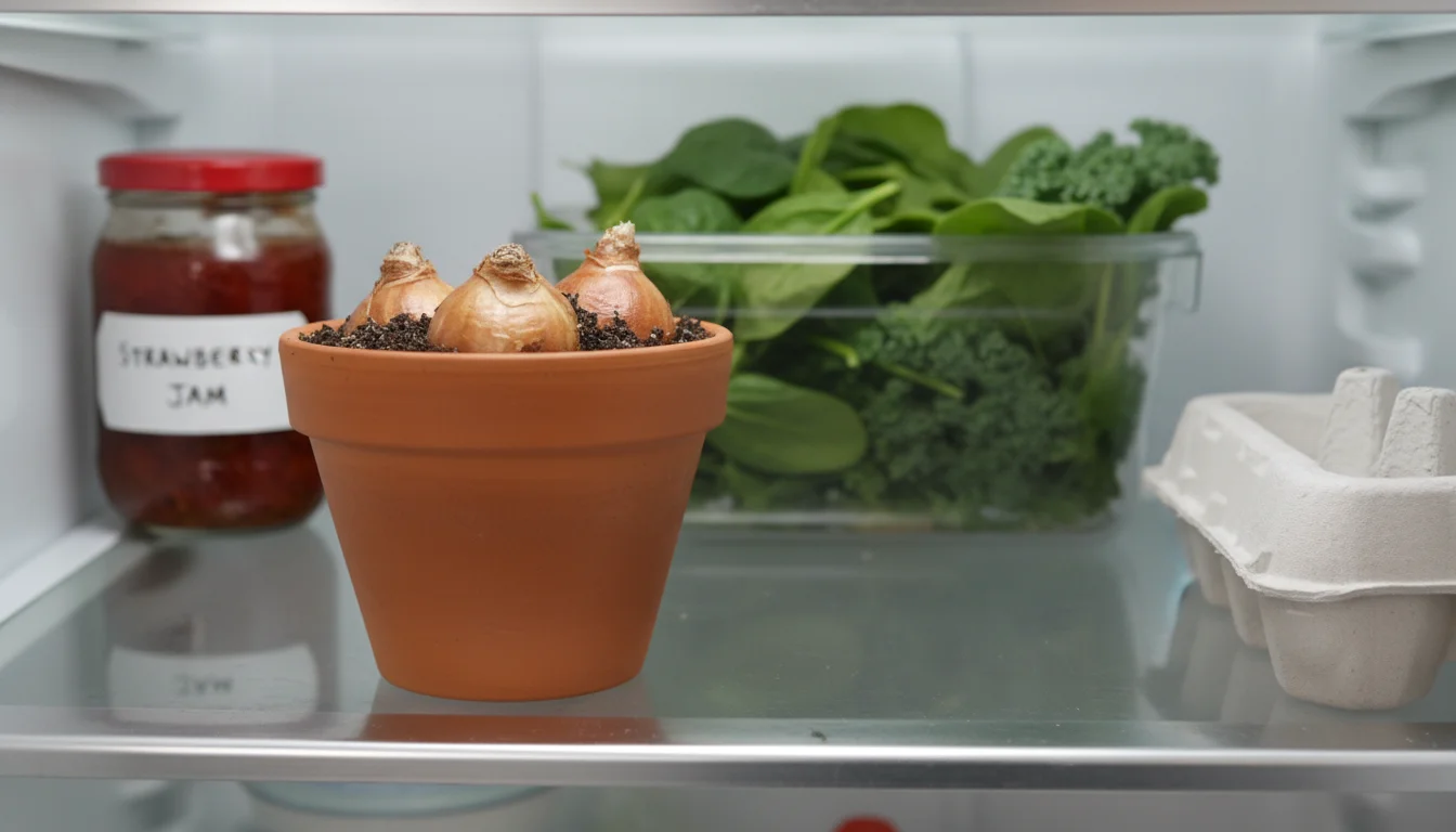A small terracotta pot with three dormant tulip bulbs planted in soil sits inside a home refrigerator amongst other food items.