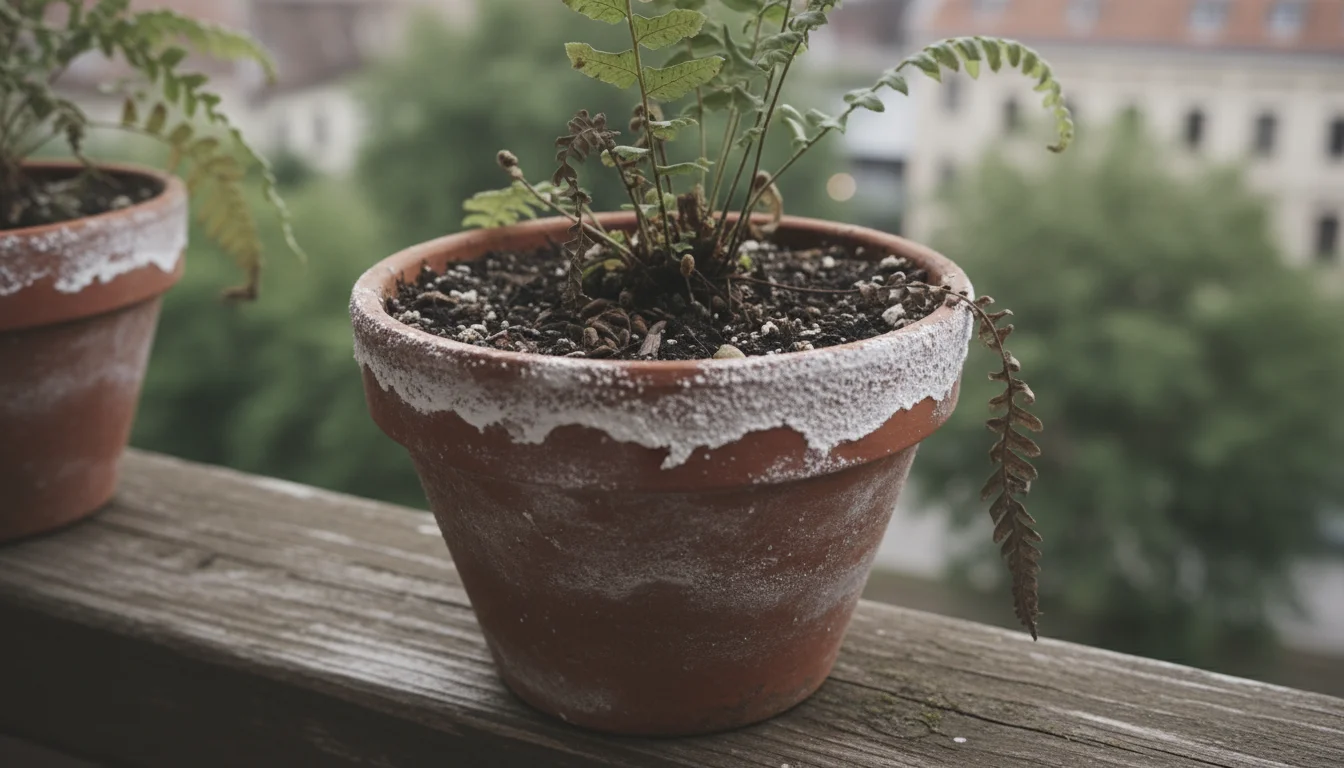 Close-up of a small terracotta pot with white salt buildup on the rim and soil surface, containing a houseplant with brown-tipped leaves.
