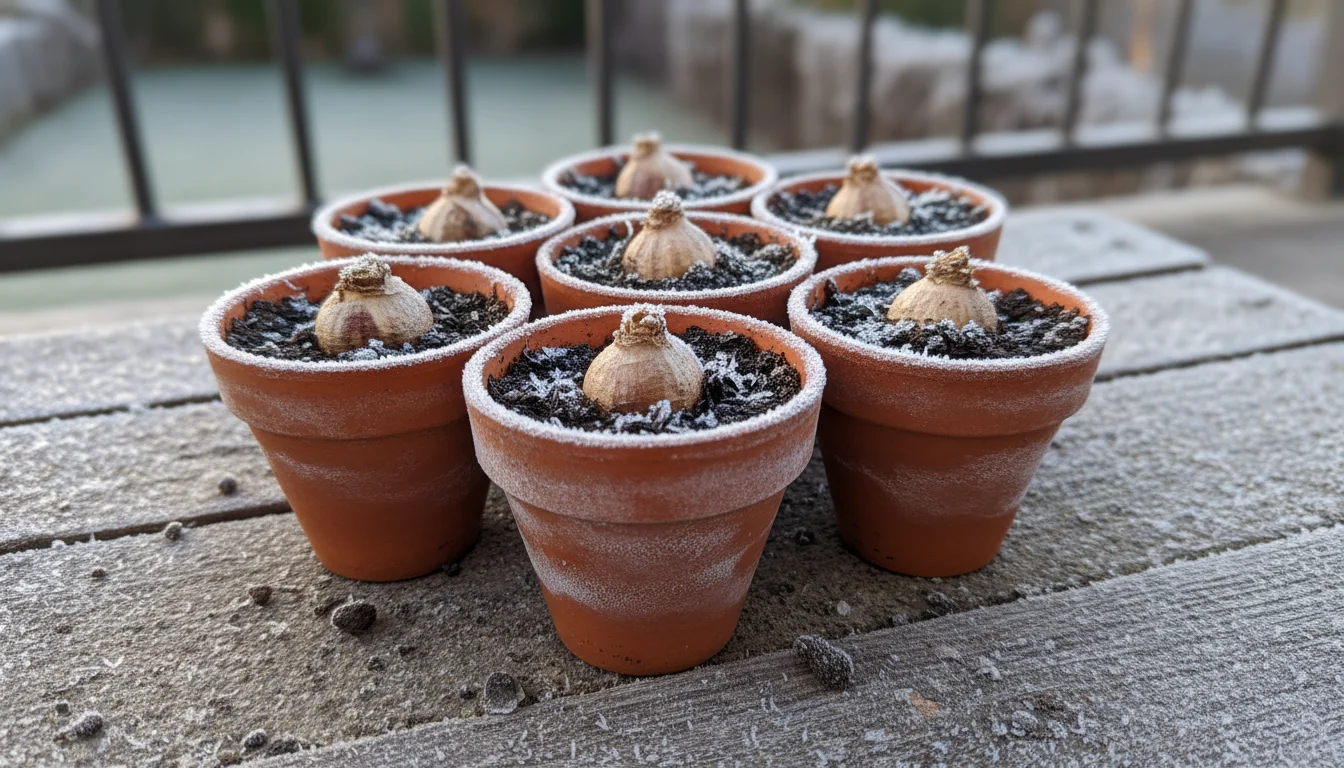 Close-up of small terracotta pots with dormant spring bulbs, covered in a delicate layer of frost on a balcony.