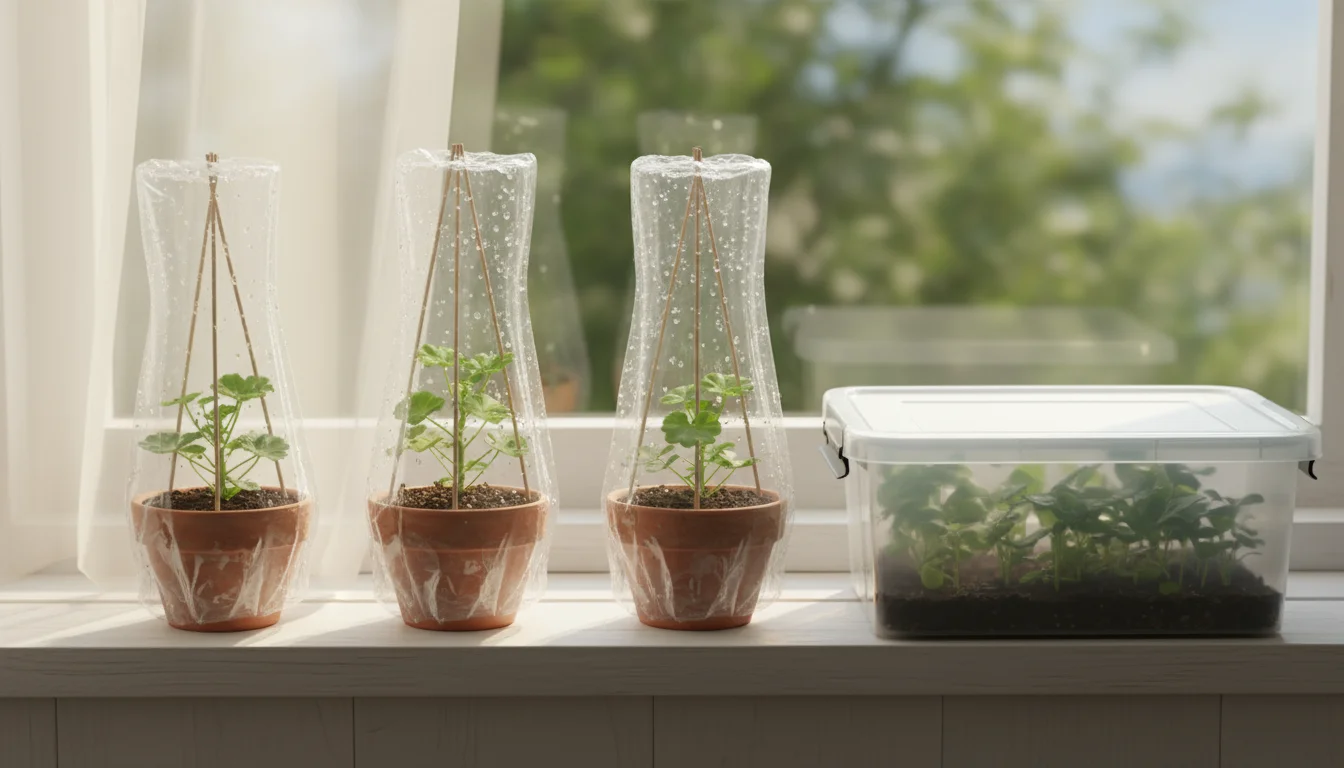 Small terracotta pots with geranium and coleus cuttings, each covered with a clear plastic bag or inside a plastic bin, sitting on a windowsill.
