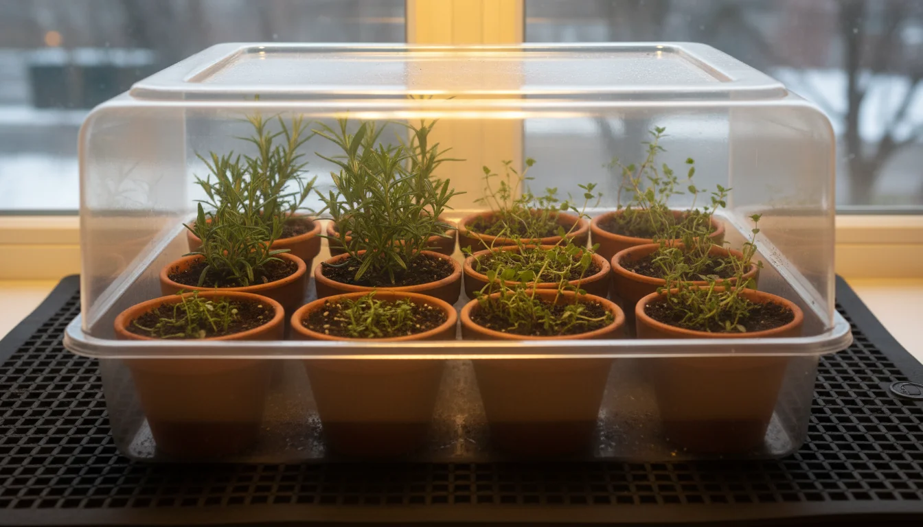 Small terracotta pots with rosemary and thyme cuttings under a clear dome on a black heating mat, on a counter near a winter window.