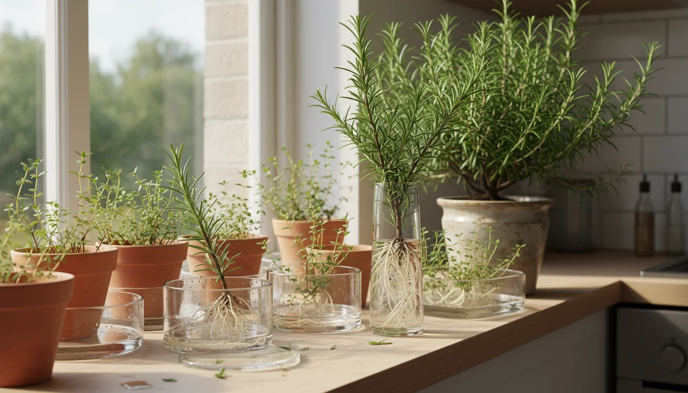 Small terracotta pots and clear trays hold rooted rosemary and thyme cuttings on a sunny indoor windowsill. A mature rosemary plant is nearby.