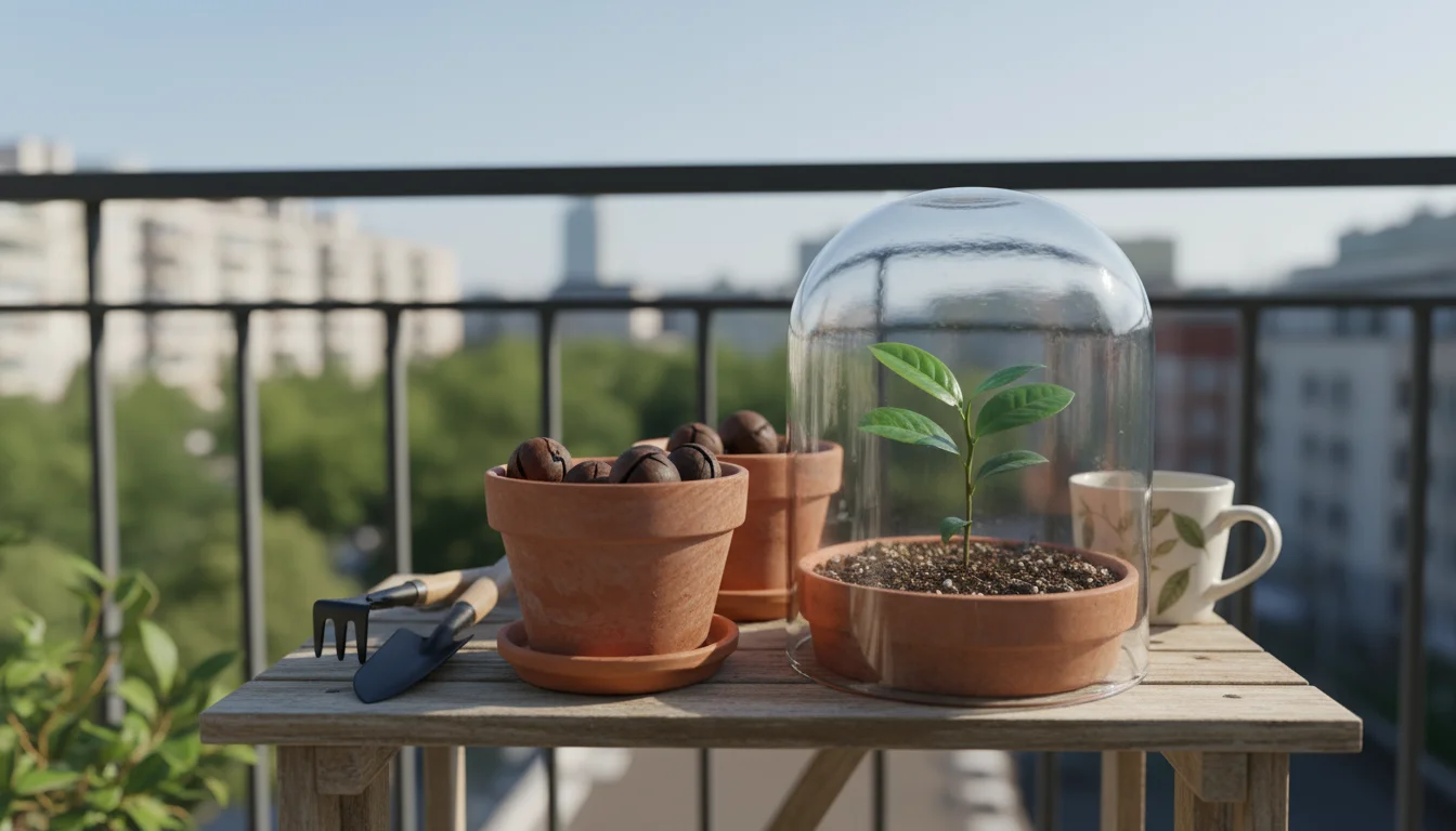 Small terracotta pots on a wooden bench, one with tea seeds, another with a tea plant cutting under a plastic dome.