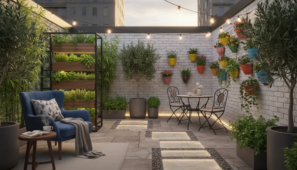 A small, thoughtfully designed patio featuring a cozy reading nook, a compact dining set, and container gardens, under warm evening light.
