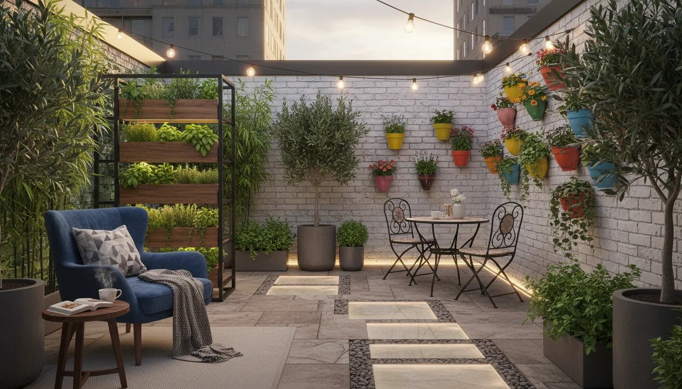 A small, thoughtfully designed patio featuring a cozy reading nook, a compact dining set, and container gardens, under warm evening light.
