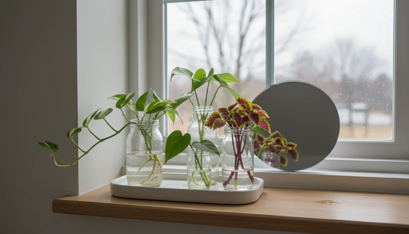A small, tidy plant propagation station on a windowsill. Clear jars with plant cuttings sit in front of a mirror on a plain wall, lit by a subtle grow