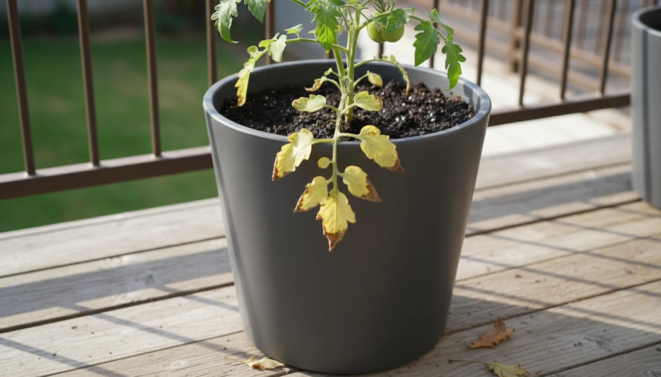 A small tomato plant in a dark grey planter on a wooden patio deck, showing yellow, droopy lower leaves and visibly saturated, waterlogged soil.