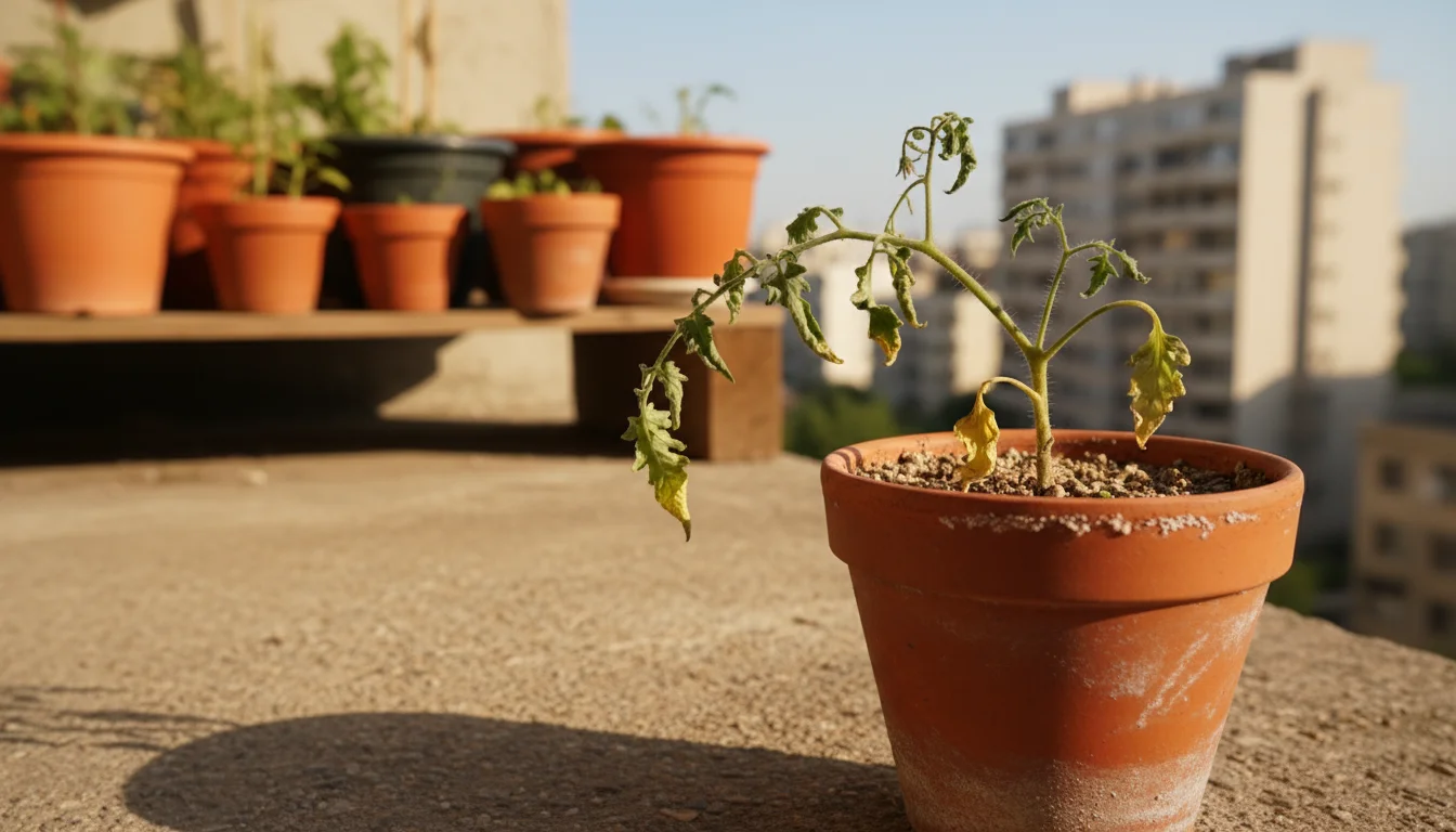 A small tomato plant in a terracotta pot on a sunny urban balcony, its leaves slightly drooping and soil dry from heat.