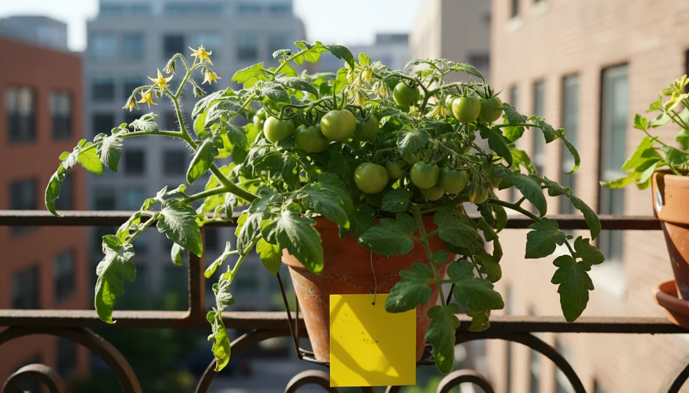 A small tomato plant in a terracotta pot on an urban balcony, with a yellow sticky trap hanging among its leaves.