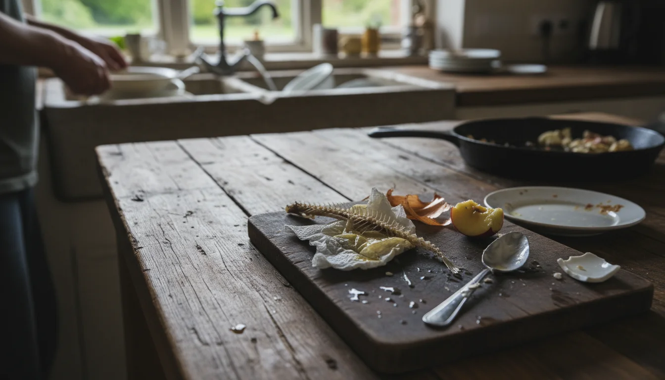 Close-up of a small, unappetizing pile of kitchen discards on a counter: a fish skeleton, greasy paper towel, yogurt-coated spoon, chicken bone, and c