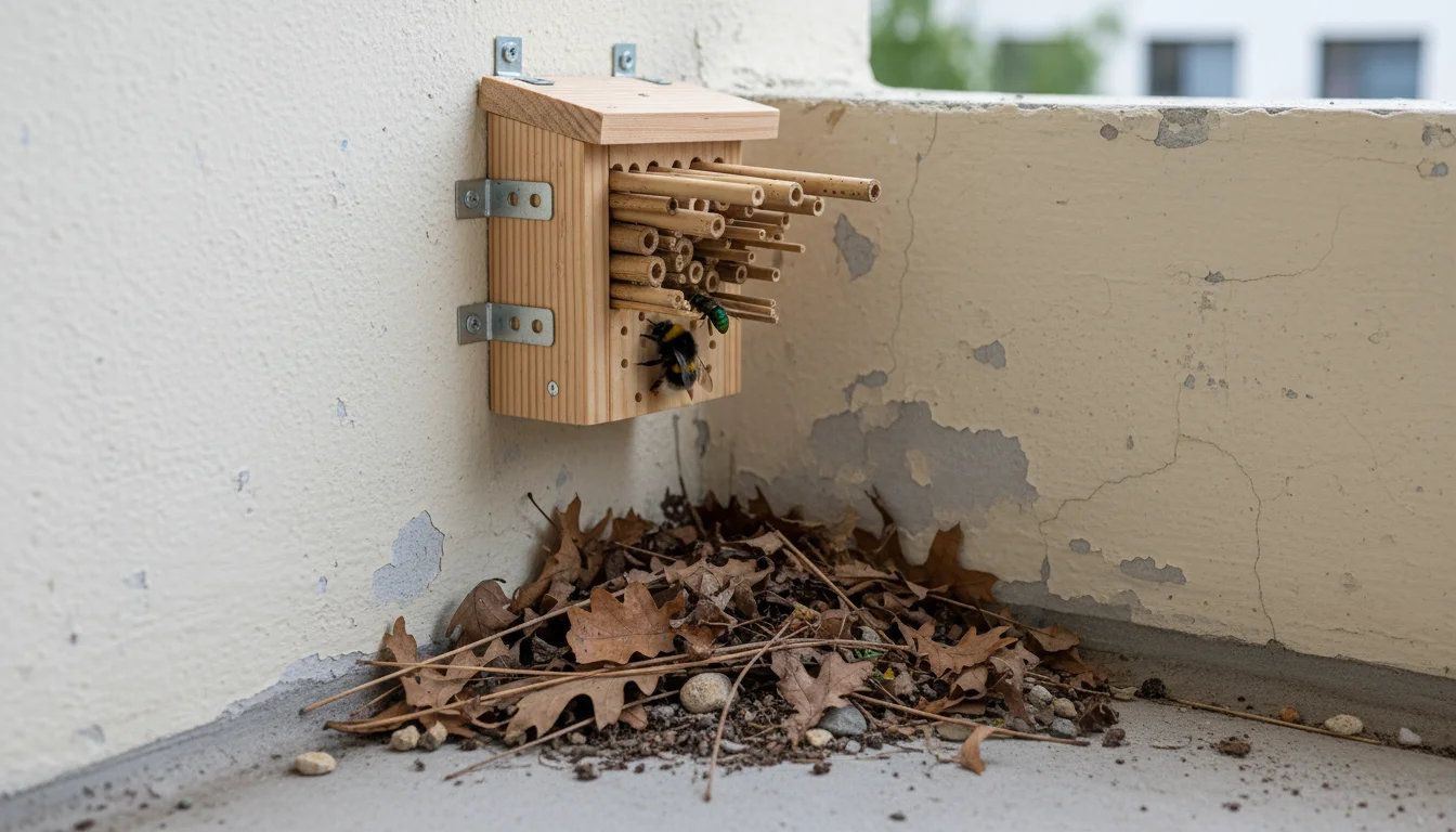 A small, untreated wooden bee hotel with varying tube sizes hangs on a light balcony wall. A natural pile of dry leaves and twigs sits below it, offer