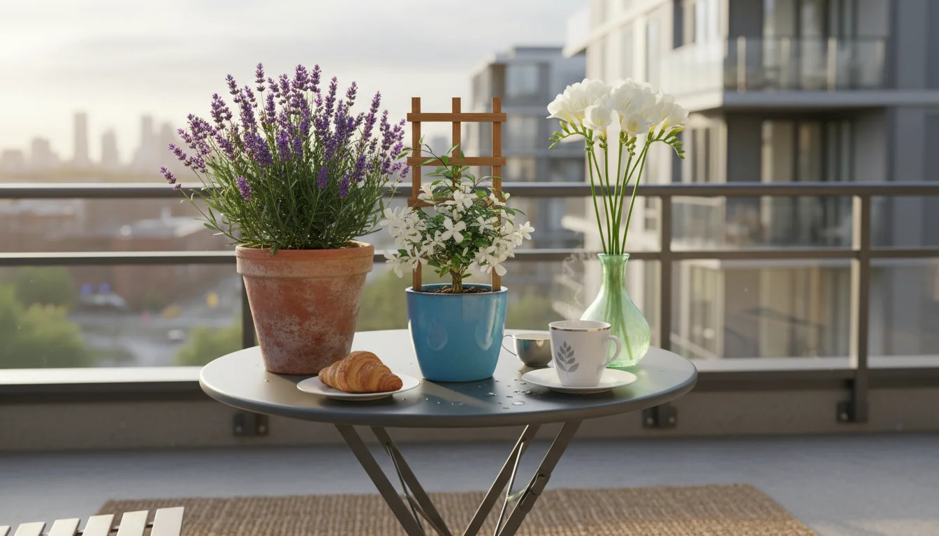 A small urban balcony bistro table holds potted lavender, jasmine, and scented geraniums, creating a fragrant oasis.