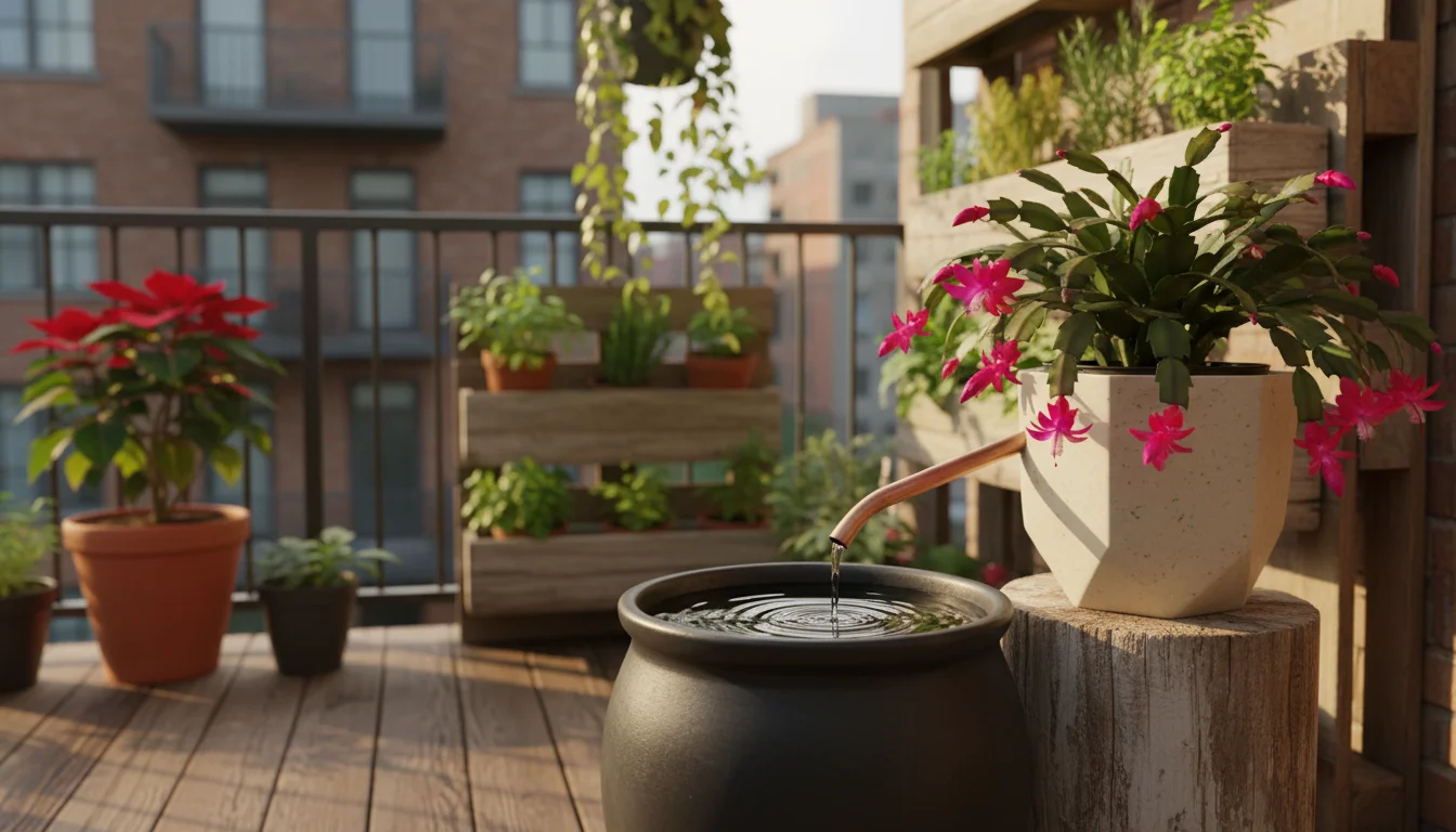 A small urban balcony with a ceramic pot collecting rainwater, a vibrant Christmas cactus in a self-watering planter, and various container plants.