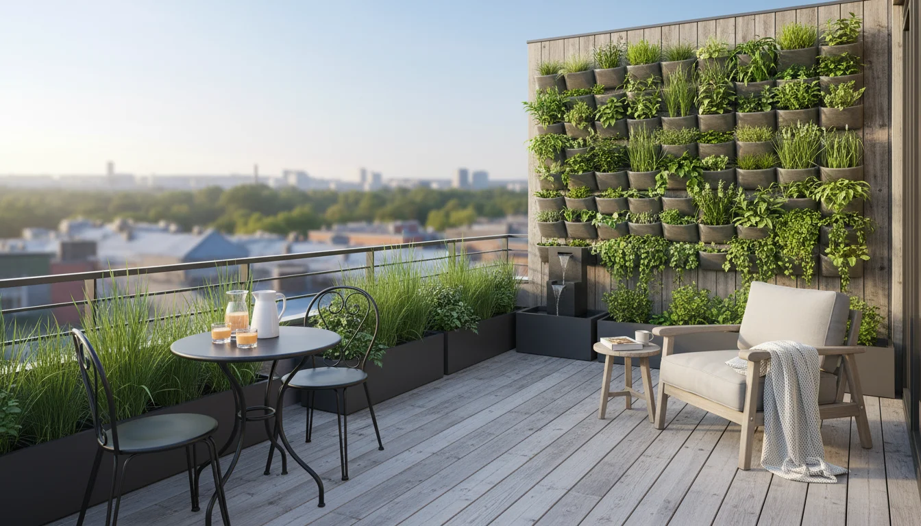 Elevated view of a small urban balcony with distinct dining and lounge zones defined by container plants and a vertical garden. A person thoughtfully