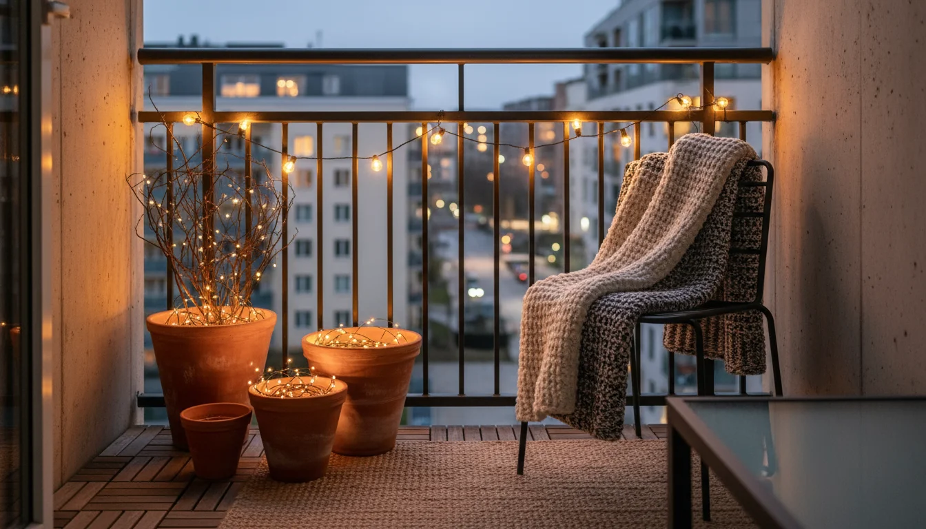 Small urban balcony at dusk with warm fairy lights coiled in empty terracotta pots and draped on a railing, with a throw on a chair.
