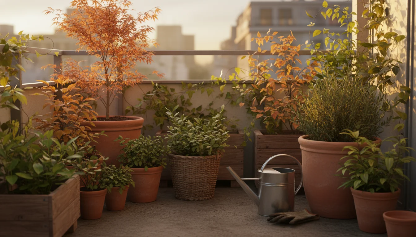 A small urban balcony garden bathed in warm, golden light, featuring container plants with subtle autumnal leaf colors. An empty watering can rests ne