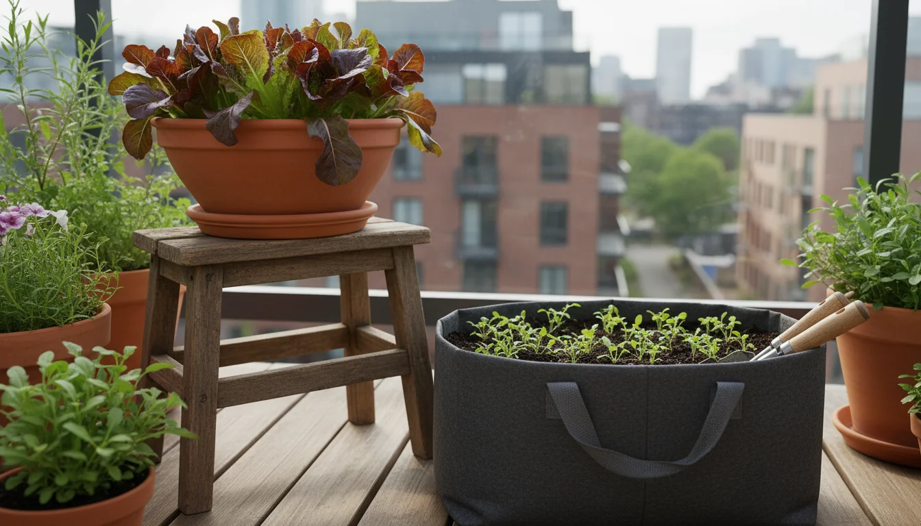 Small urban balcony garden corner with red lettuce in terracotta pot, arugula seedlings in fabric grow bag, and spinach in metal pot.