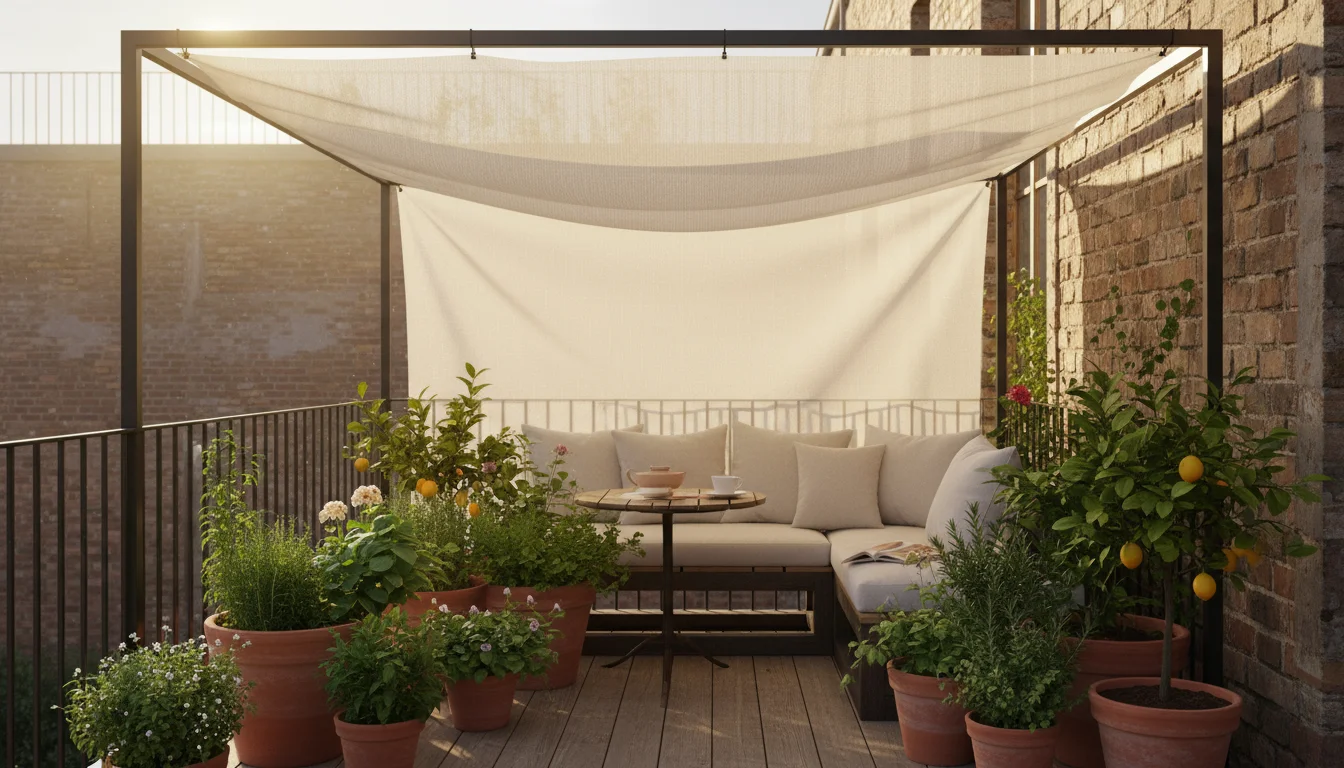 A small urban balcony garden at late afternoon, featuring vibrant container plants thriving under a light-colored shade cloth, which casts a protectiv