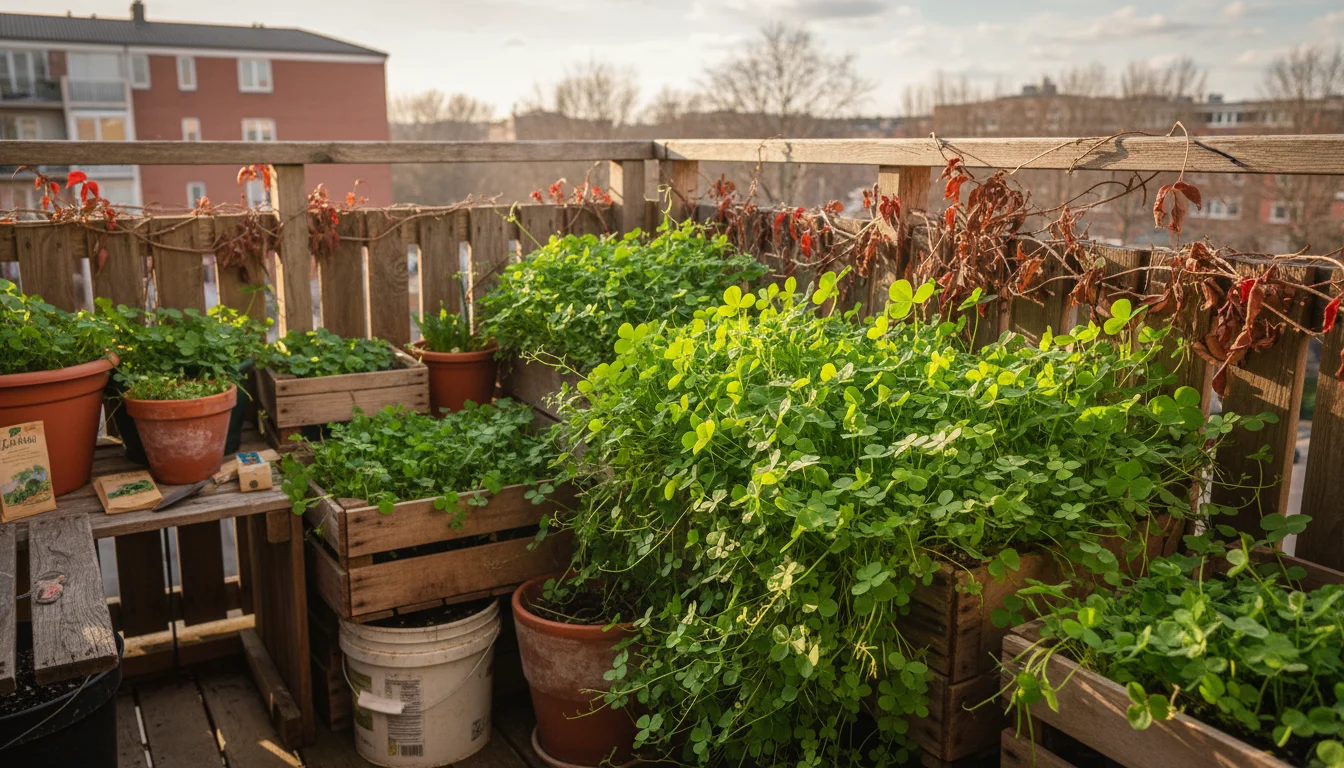 A slightly elevated view of a small urban balcony garden with several pots overflowing with vibrant green cover crops.