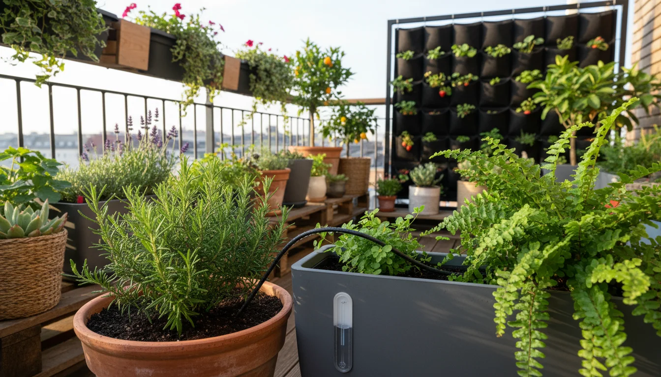 A small urban balcony garden showcasing efficient watering with a subtle drip irrigation line watering a rosemary and a modern self-watering planter w