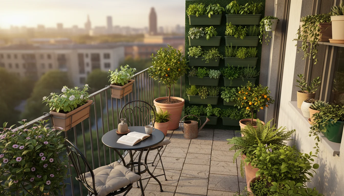 Elevated view of a small urban balcony at golden hour, featuring distinct zones: a bistro table and chair in one corner, and a vertical herb garden wi
