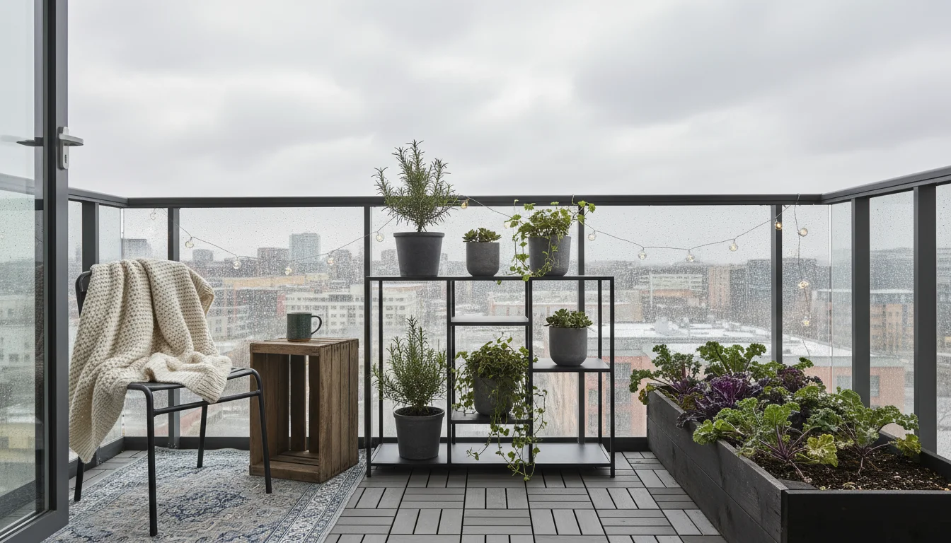A small urban balcony on an overcast winter day showing a defined seating area with a rug and a creative pot sculpture divider.