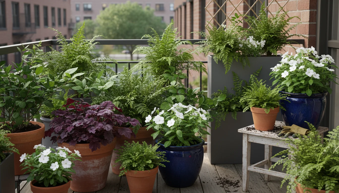 A small urban balcony shows a lush container garden in soft light with varied pots holding thriving ferns, heucheras, and impatiens.