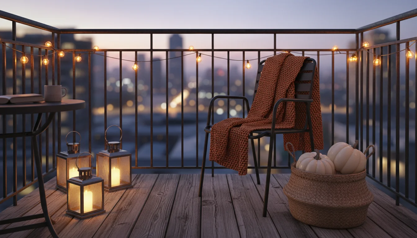Small urban balcony at twilight with warm string lights, LED lanterns, a rust-orange throw, and faux pumpkins creating an autumn atmosphere.