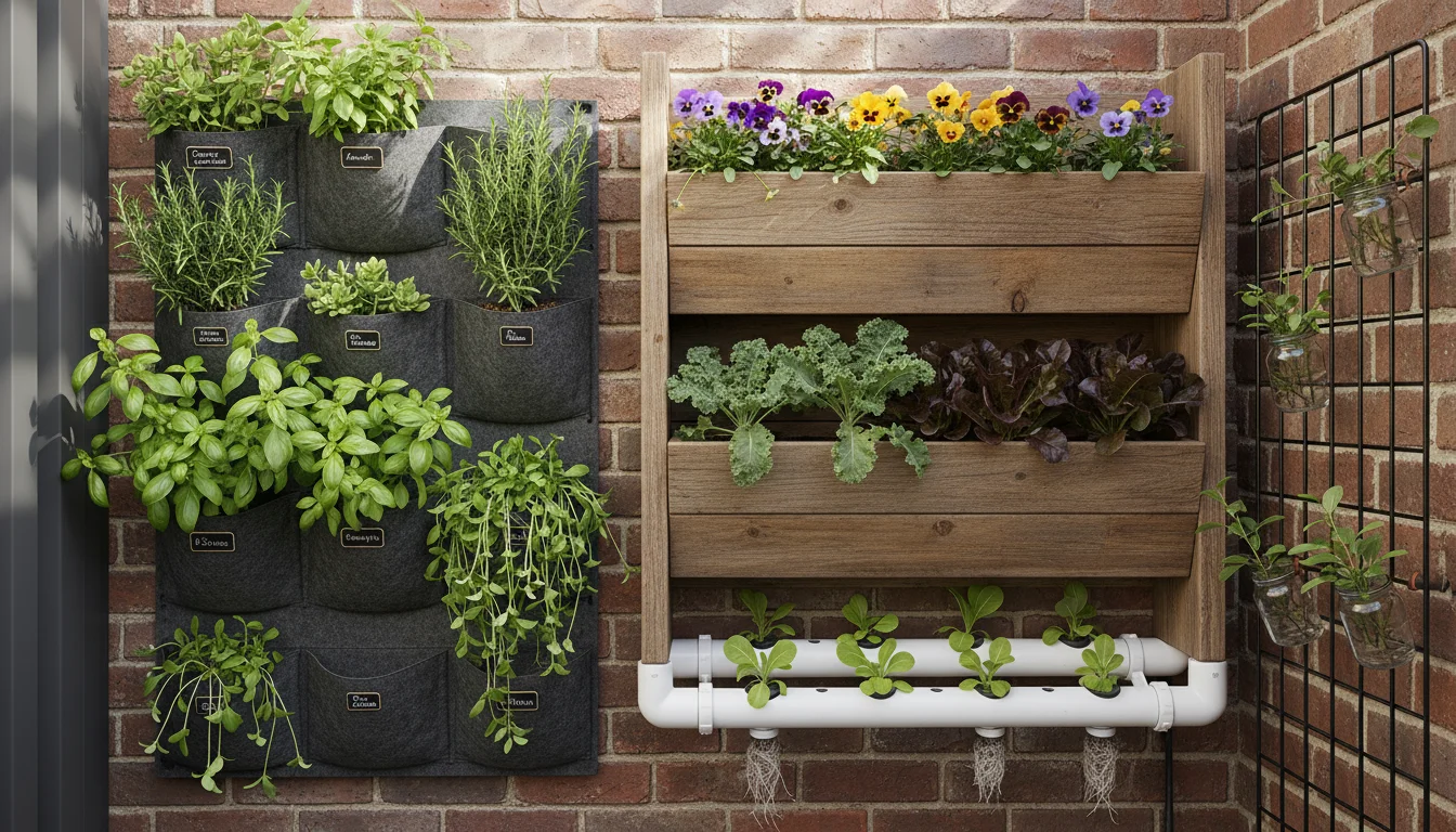 A small urban balcony wall featuring diverse vertical garden systems: fabric wall pockets, a tiered wooden planter, and a pallet garden.