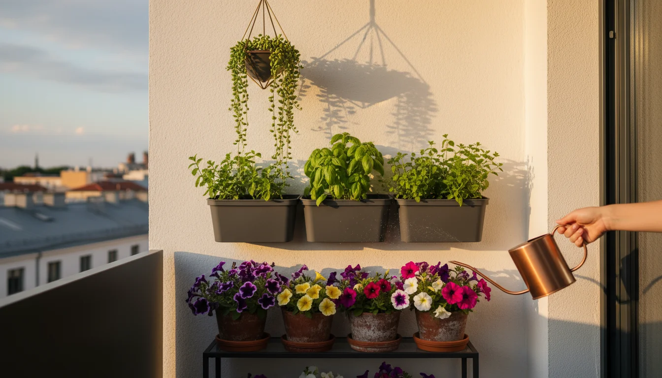 A small urban balcony wall, lit by golden hour, features a string of pearls, wall-mounted herbs, and petunias on a tiered stand.
