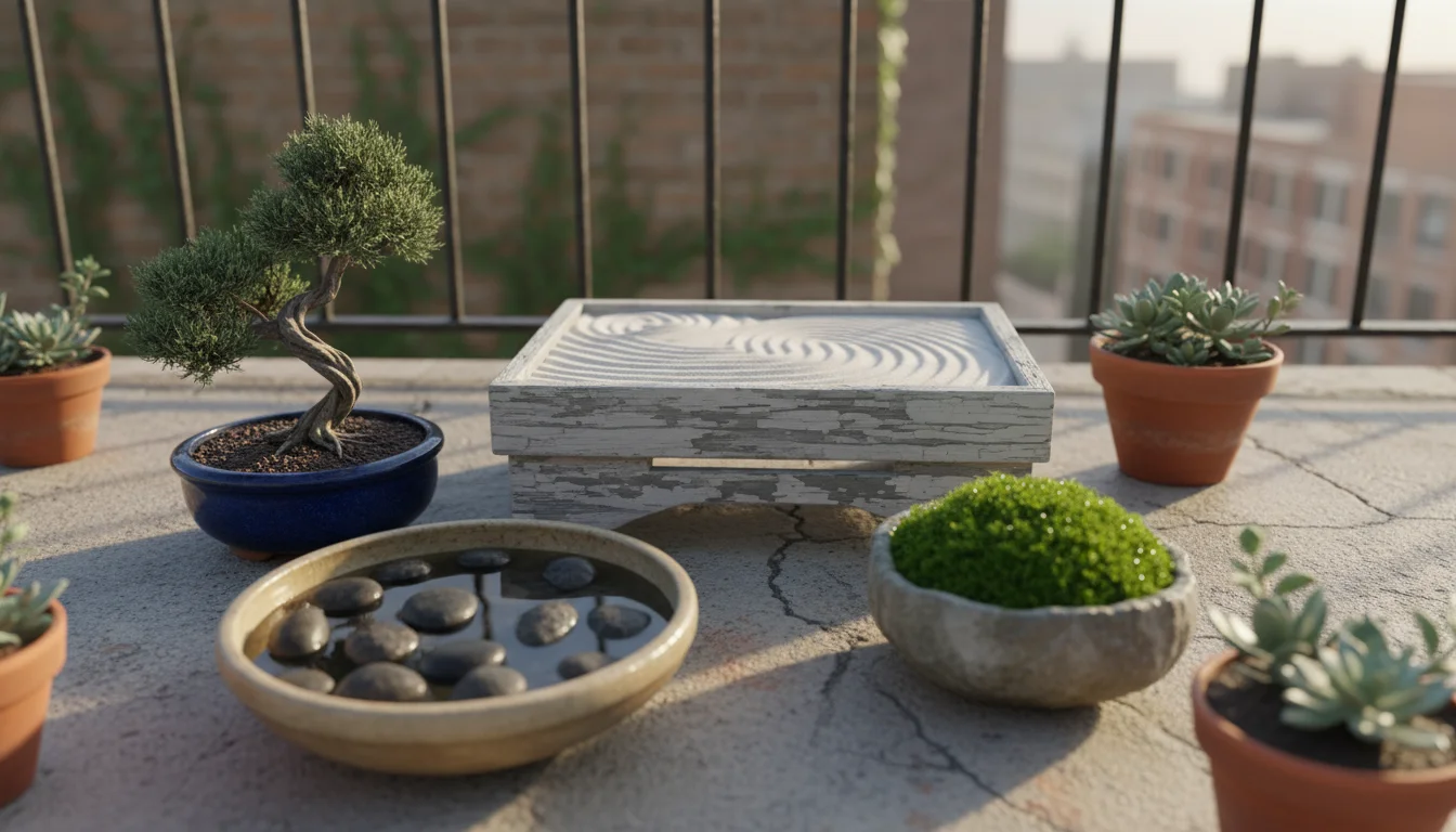 Elevated view of a small urban balcony Zen garden featuring a raked gravel tray, bonsai, river stones in water, and moss in ceramic pots.