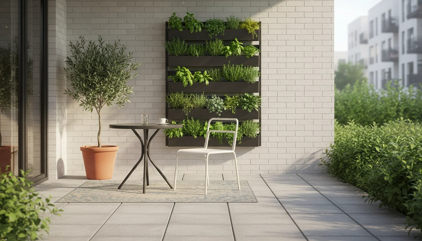 Small urban patio with a bistro table, showing ample clearance behind a pulled-out chair to a vertical garden, demonstrating smart spatial design.