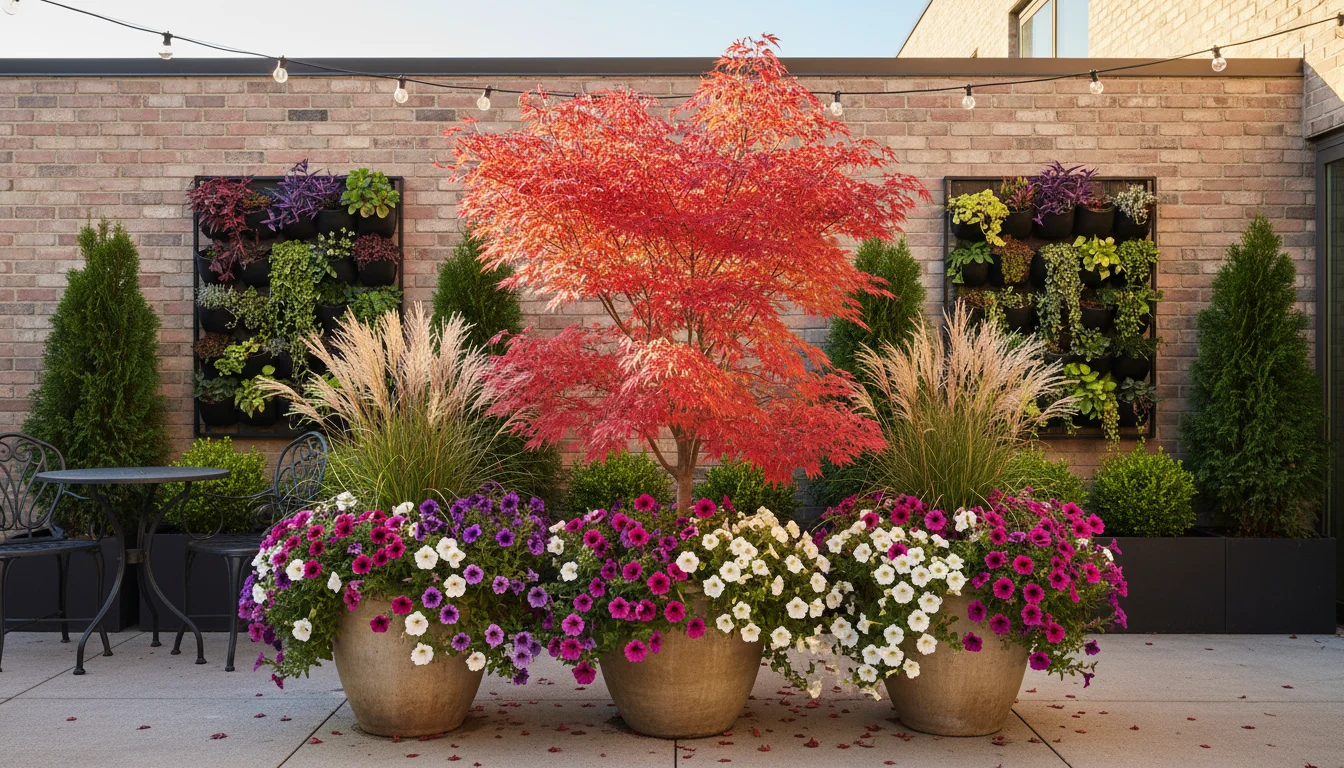 Small urban patio container garden in autumn, featuring a crimson dwarf Japanese maple, ornamental grasses, and late-blooming petunias.