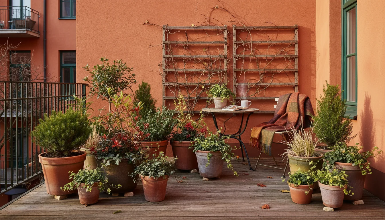 A small urban patio with container plants clustered against a wall for winter protection; pots are elevated on feet and some are wrapped in burlap.