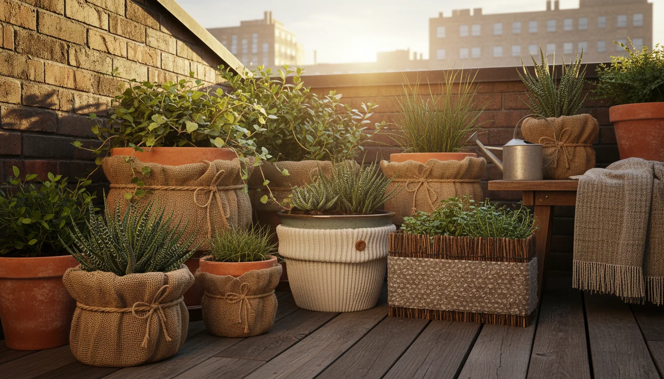 Small urban patio corner with various container plants, some pots wrapped in DIY insulation like burlap and fabric, under warm afternoon light.