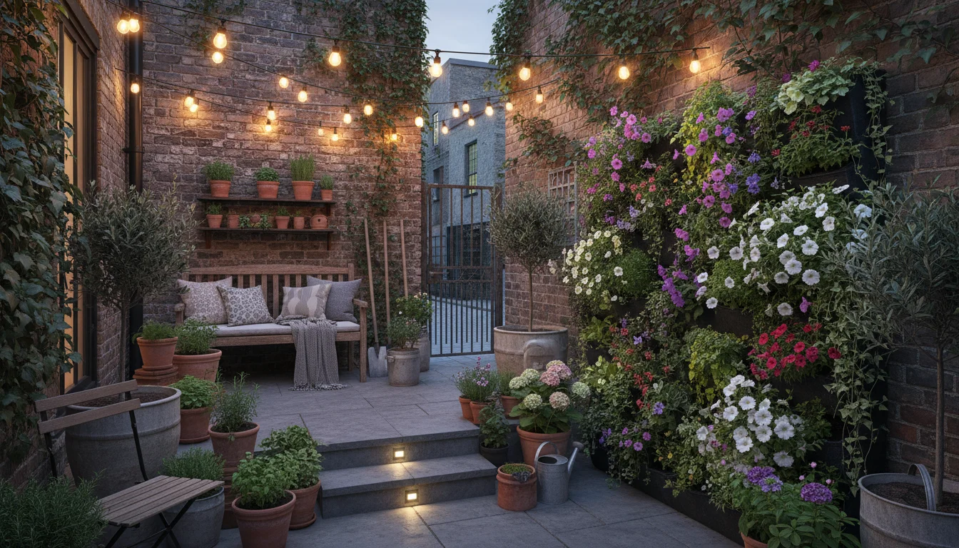Elevated view of a small urban patio at dusk. String lights define a seating area; path lights lead to a vibrant vertical planter.